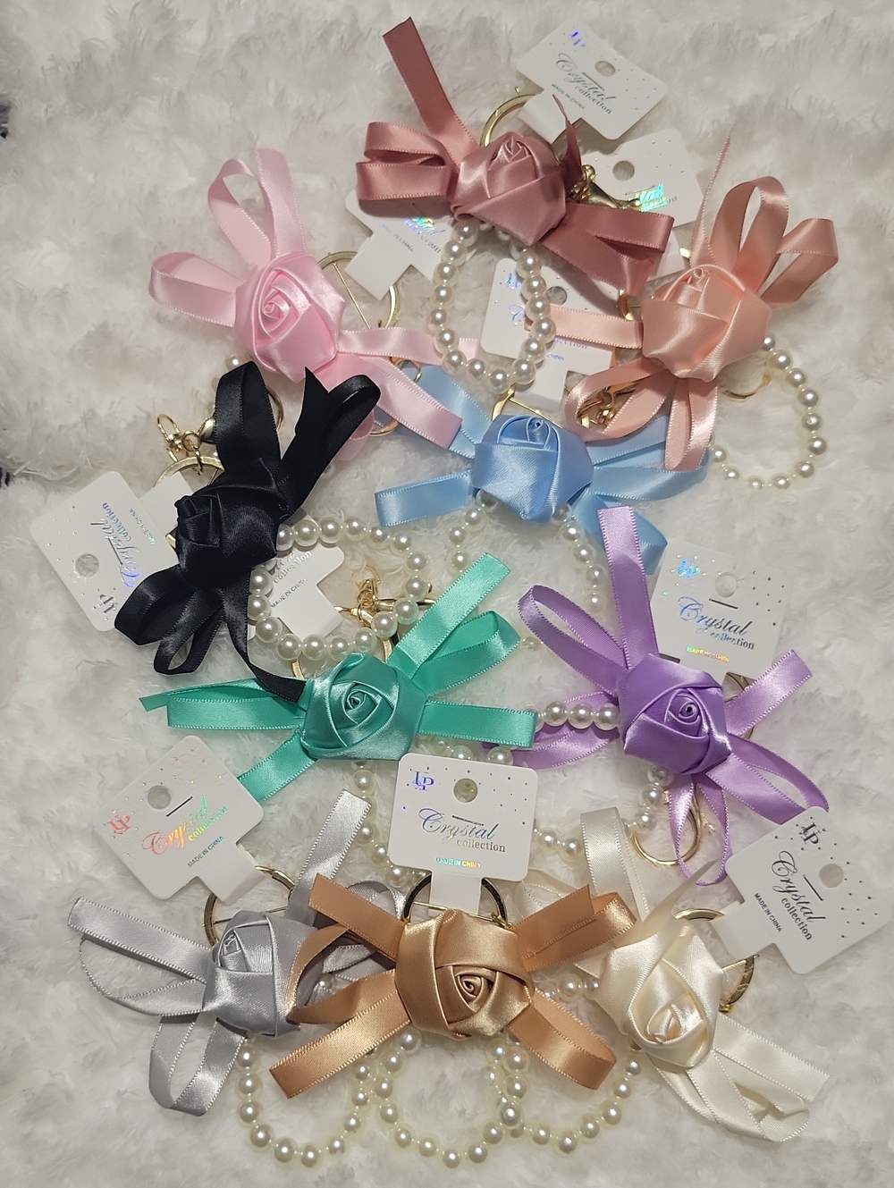 Satin Rose Keychain with Pearls